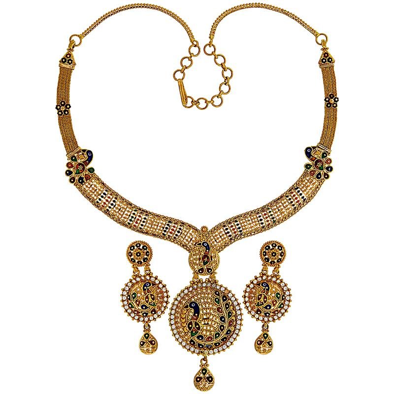 - 22 Karat Gold Minakari Peacock Necklace Set