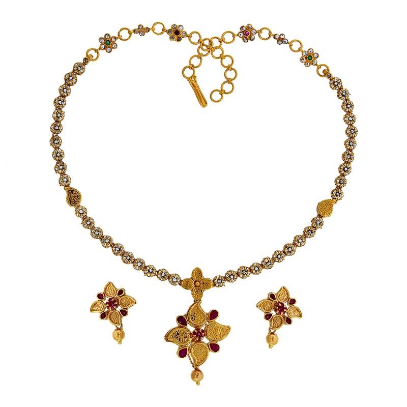 Image Of Diamond Villandi Ruby Necklace Set Carved 22 Carat Gold