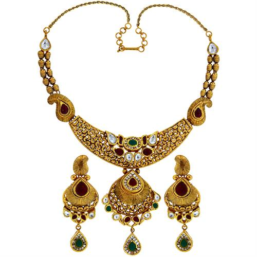 Image Of Diamond Villandi Ruby Necklace Set Carved 22 Carat Gold