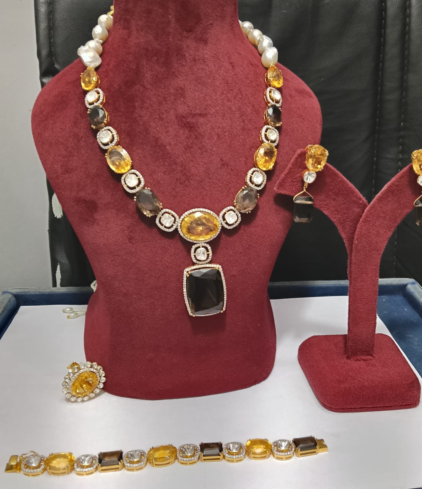 Image Of K - Citrine & Smoky Quartz Statement Necklace Set