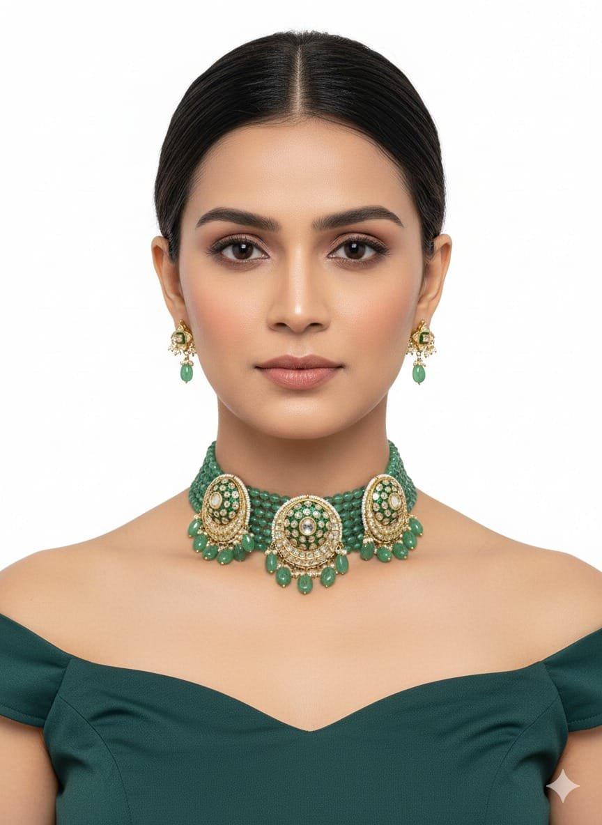 Image Of J - Emerald Beaded Polki Choker Necklace Set