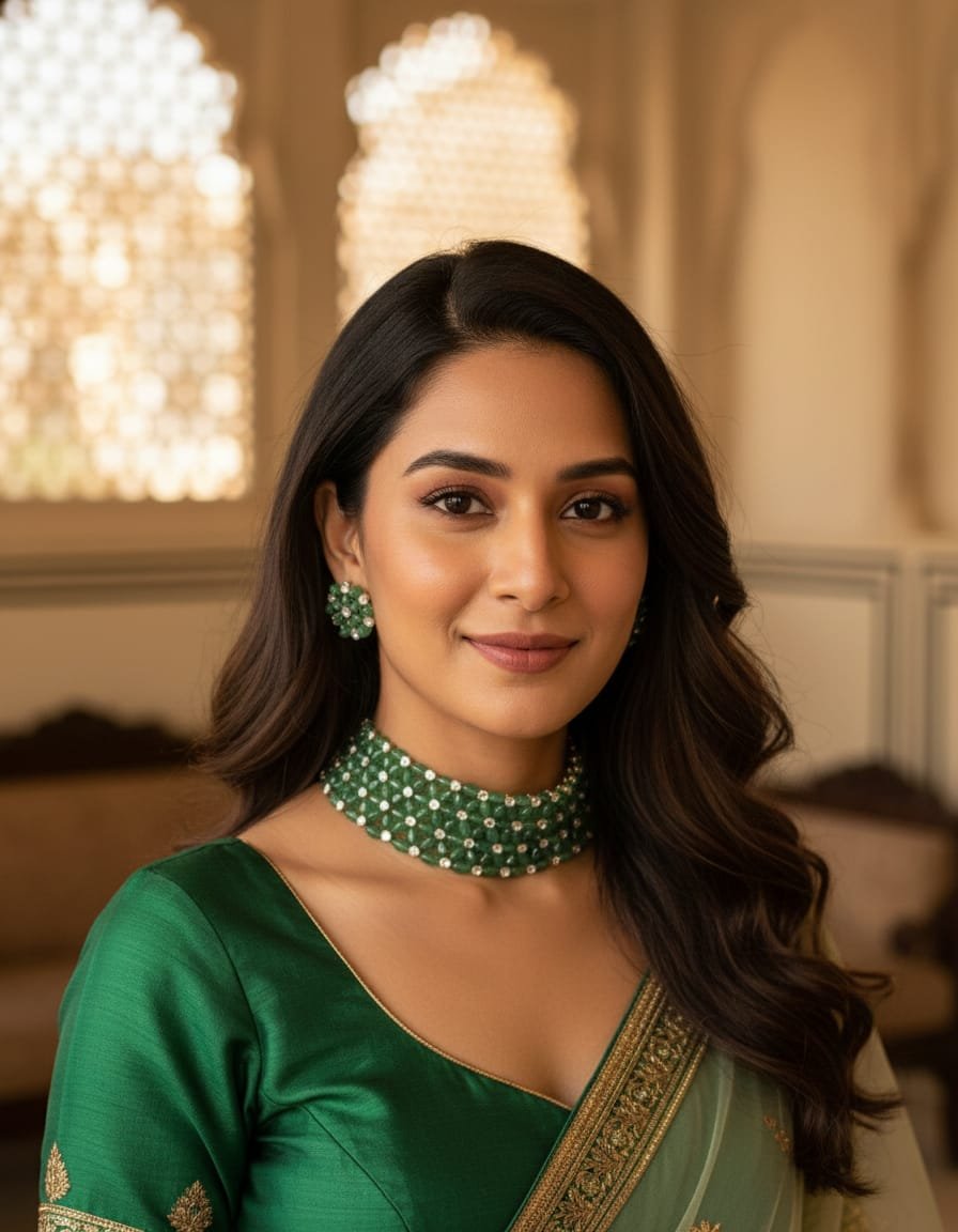 Image Of J - Emerald Green Choker Necklace Set with Stud Earrings