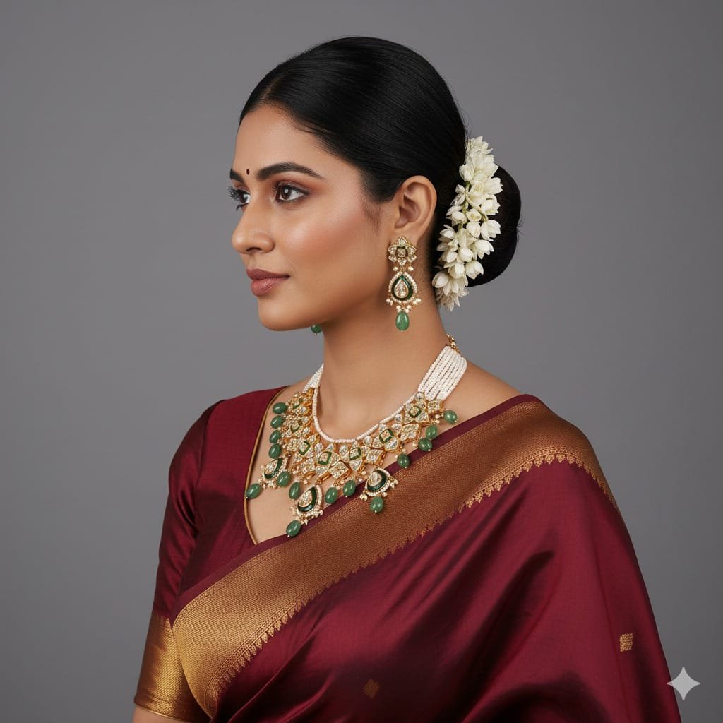 Image Of J - Emerald Kundan Pearl Bridal Necklace Set