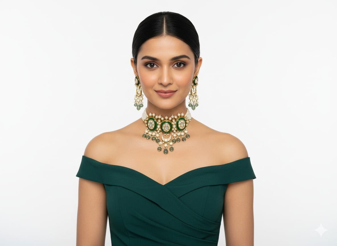 Image Of J - Green Emerald Kundan Choker Necklace Set with Earrings