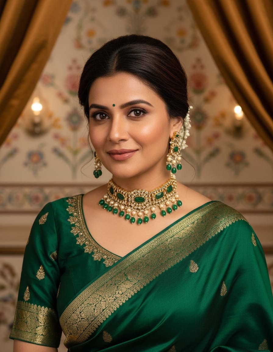 Image Of J - Kundan Polki Emerald Pearl Choker Necklace Set