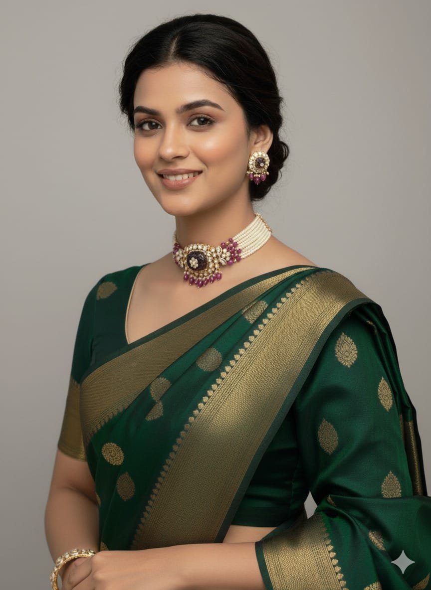 Image Of J - Kundan Ruby Pearl Choker Necklace Set with Jhumka Earrings