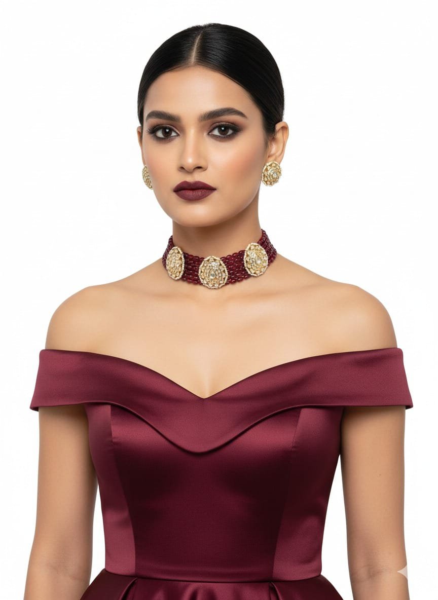 Image Of J -  Maroon Beaded Kundan Choker Necklace Set