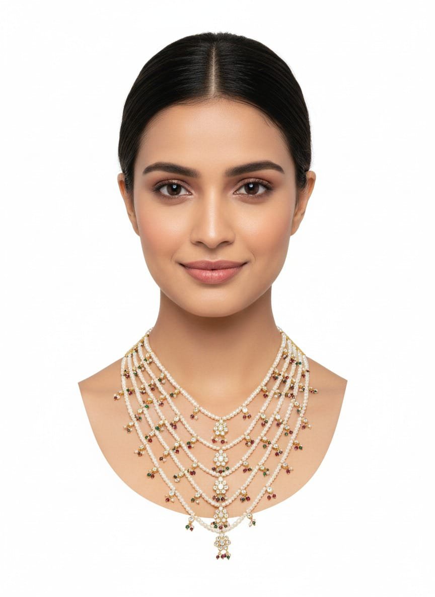 Image Of J - Multi Layer Pearl Rani Haar Kundan Polki Necklace