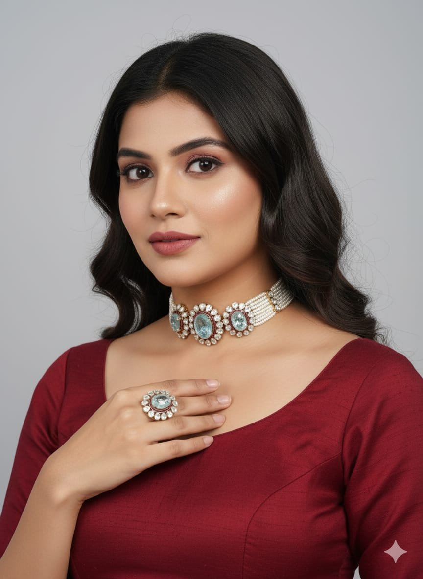 Image Of J -  Pearl Aquamarine Stone Choker Necklace Set