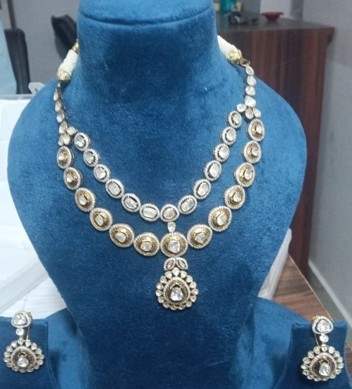 Image Of J - Polki Diamond Double Layer Bridal Necklace Set with Pendant & Earrings.