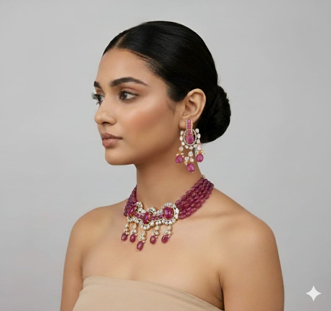 Image Of J - Ruby Beaded Kundan Choker Necklace Set