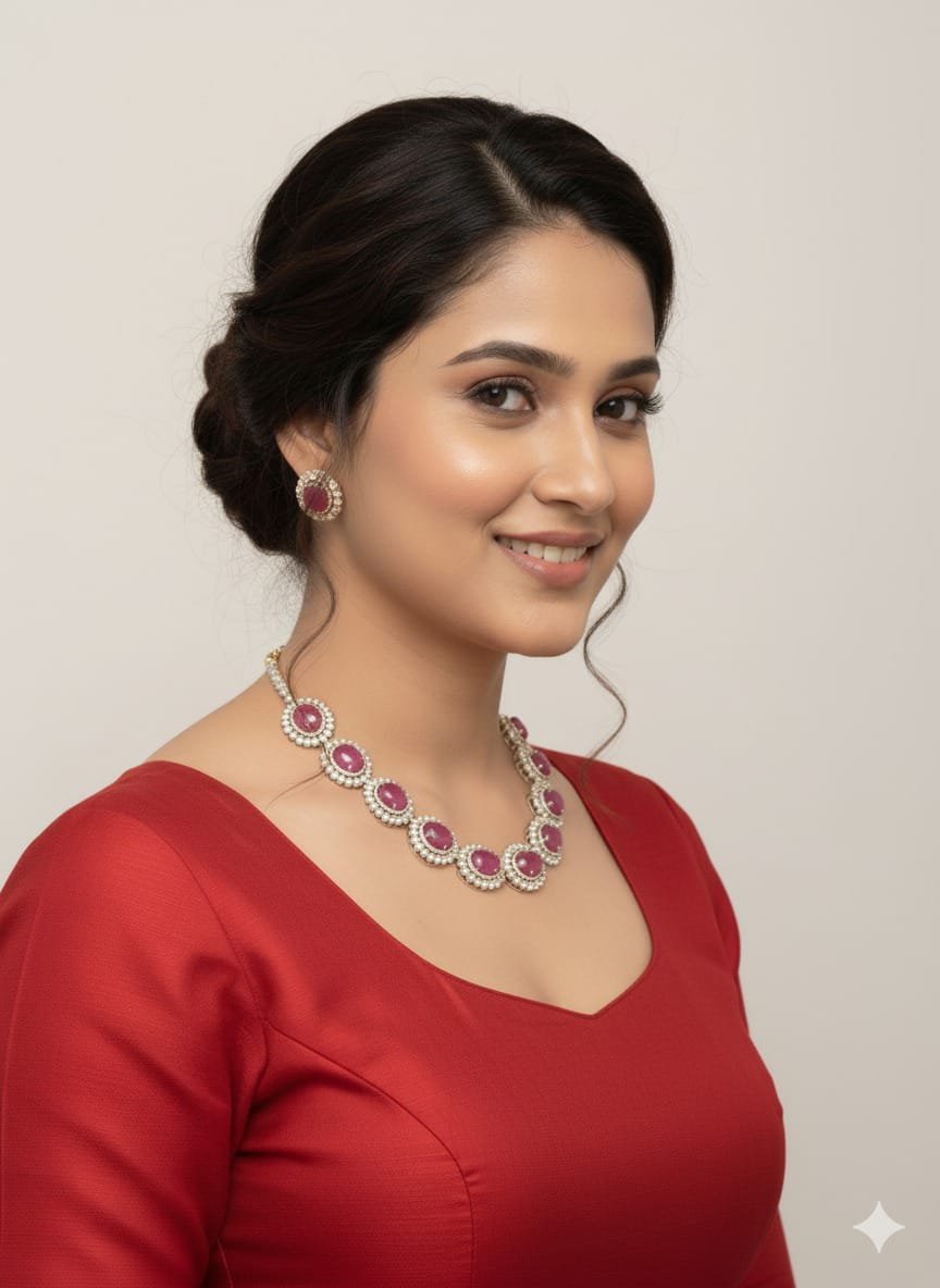 Image Of J - Ruby Kundan Pearl Border Necklace Set