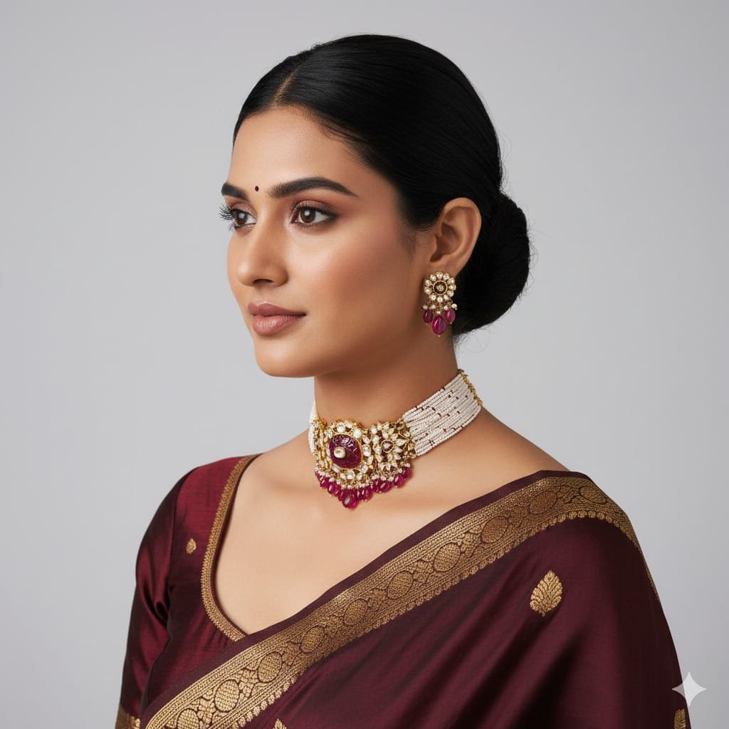 Image Of J - Ruby Kundan Pearl Choker Necklace Set with Drop Earrings
