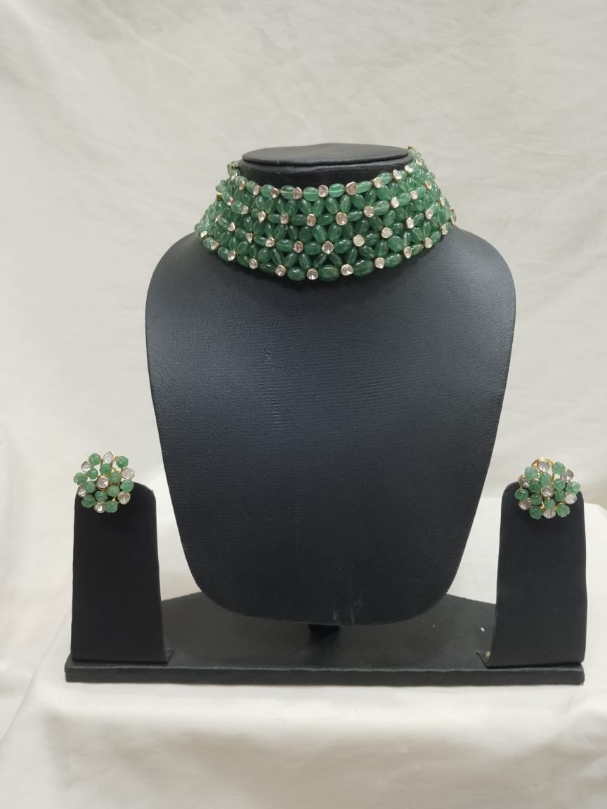 Image Of J - Green Beads Kundan Choker Necklace Set