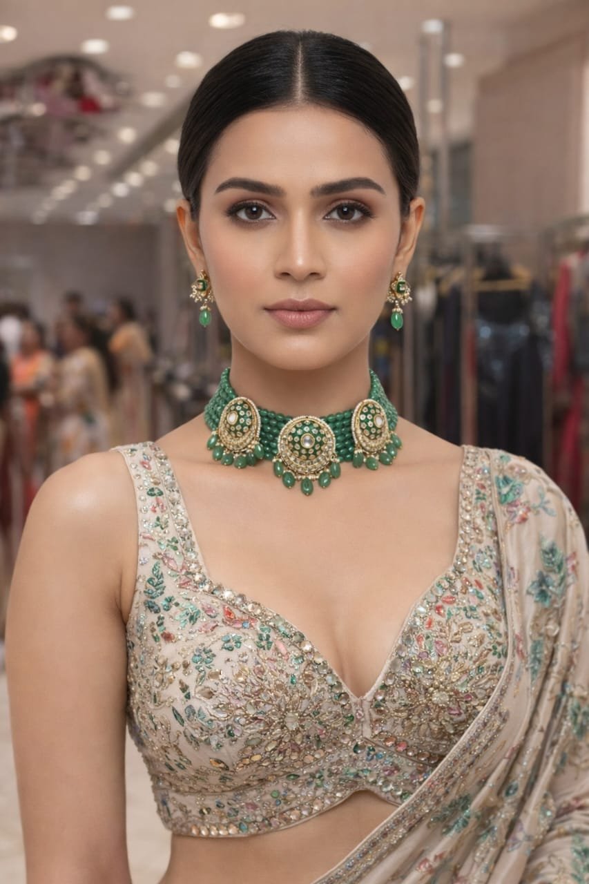 Image Of J - Green Emerald Beads Kundan Choker Necklace Set