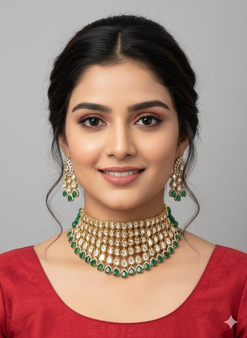 Image Of J - Broad Polki Kundan Choker with Emerald Drops Set