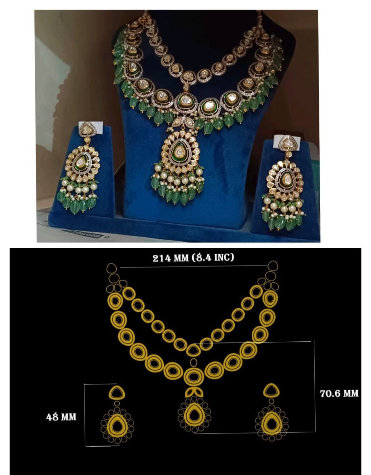 Image Of J - Kundan Green Jade Necklace Set with CAD Design