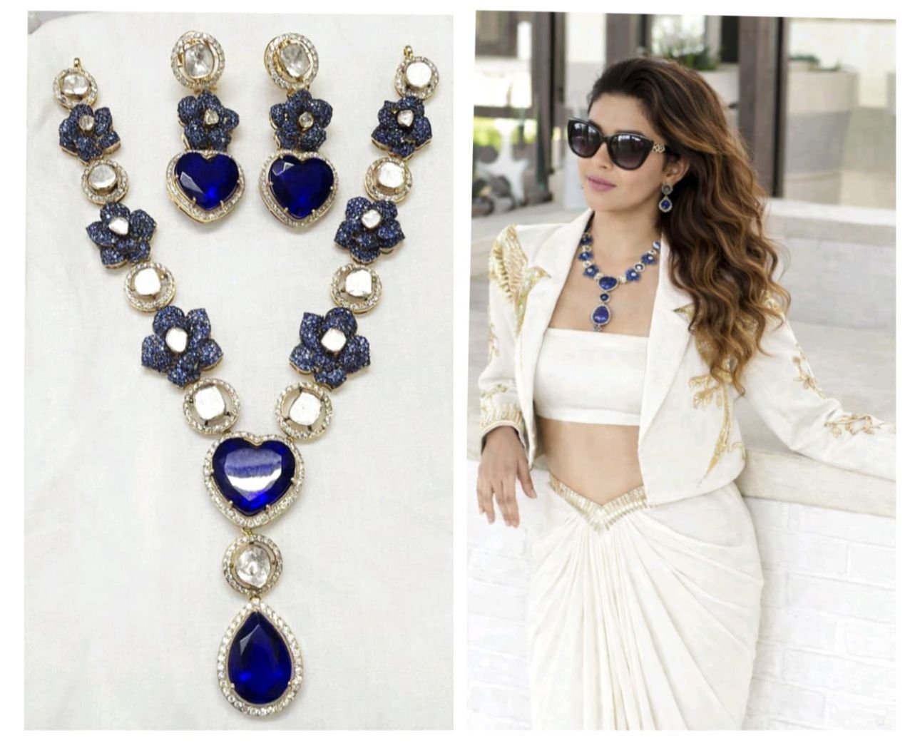 Image Of J - Blue Sapphire Polki Kundan Floral Necklace Set