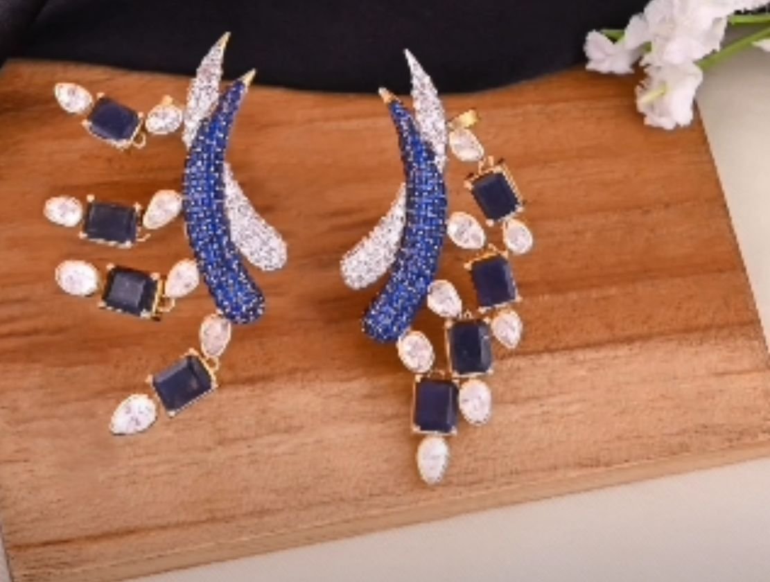 Image Of J - Blue Sapphire Diamond CZ Wing/Leaf Statement Earrings