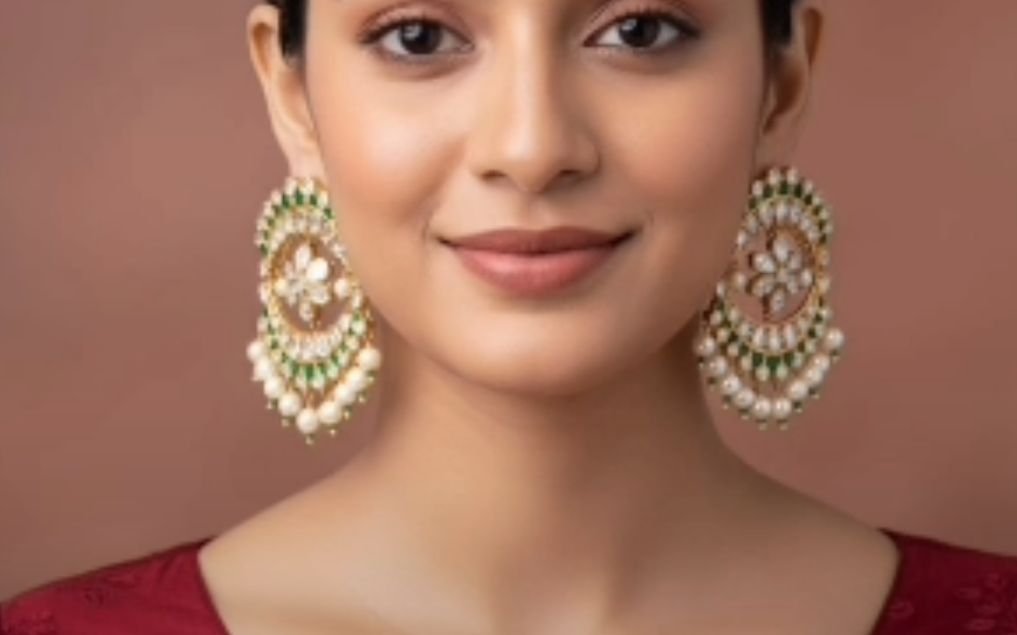 Image Of J - Green Emerald Pearl Kundan Chandbali Earrings