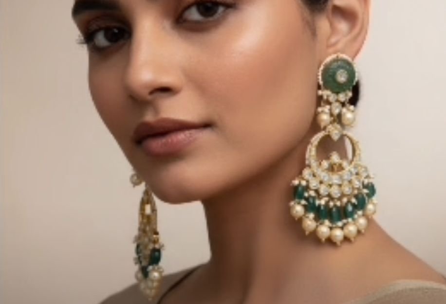 Image Of J - Green Jade Polki Kundan Chandbali Earrings with Pearl Drops