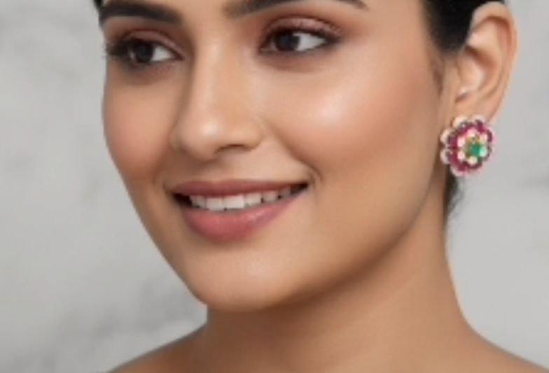 Image Of J - Ruby Emerald Diamond Floral Stud Earrings