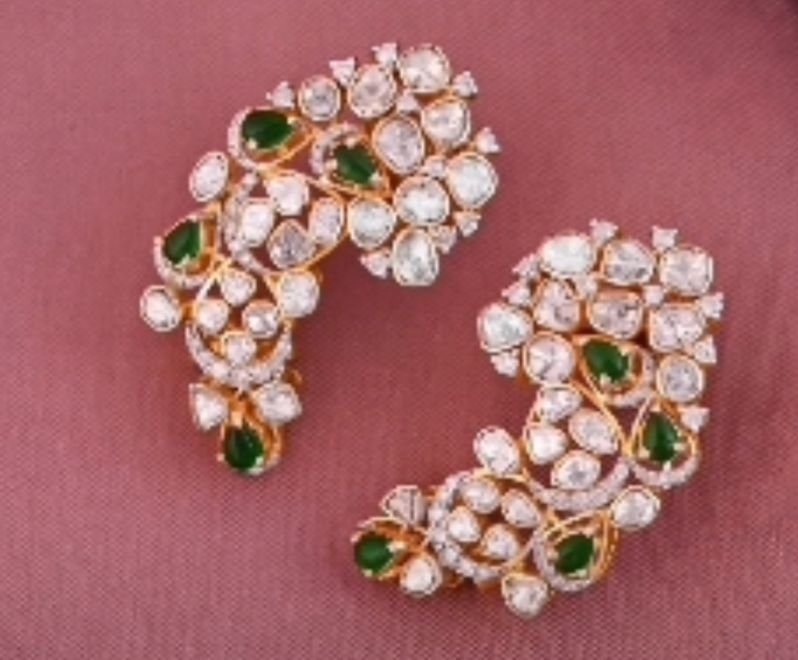 Image Of Polki Diamond Emerald Cluster Statement Earrings
