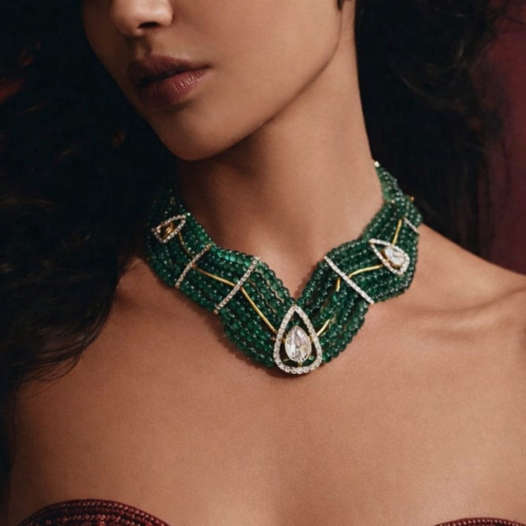 Image Of J - Luxury Emerald Bead Multi-strand Polki Diamond Collar Necklace