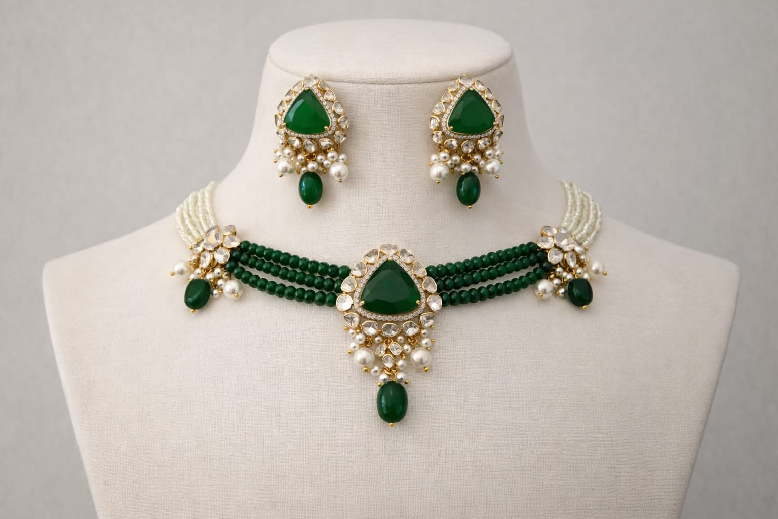 Image Of J - Triangle Emerald Polki Kundan Necklace Set with Pearl Strands