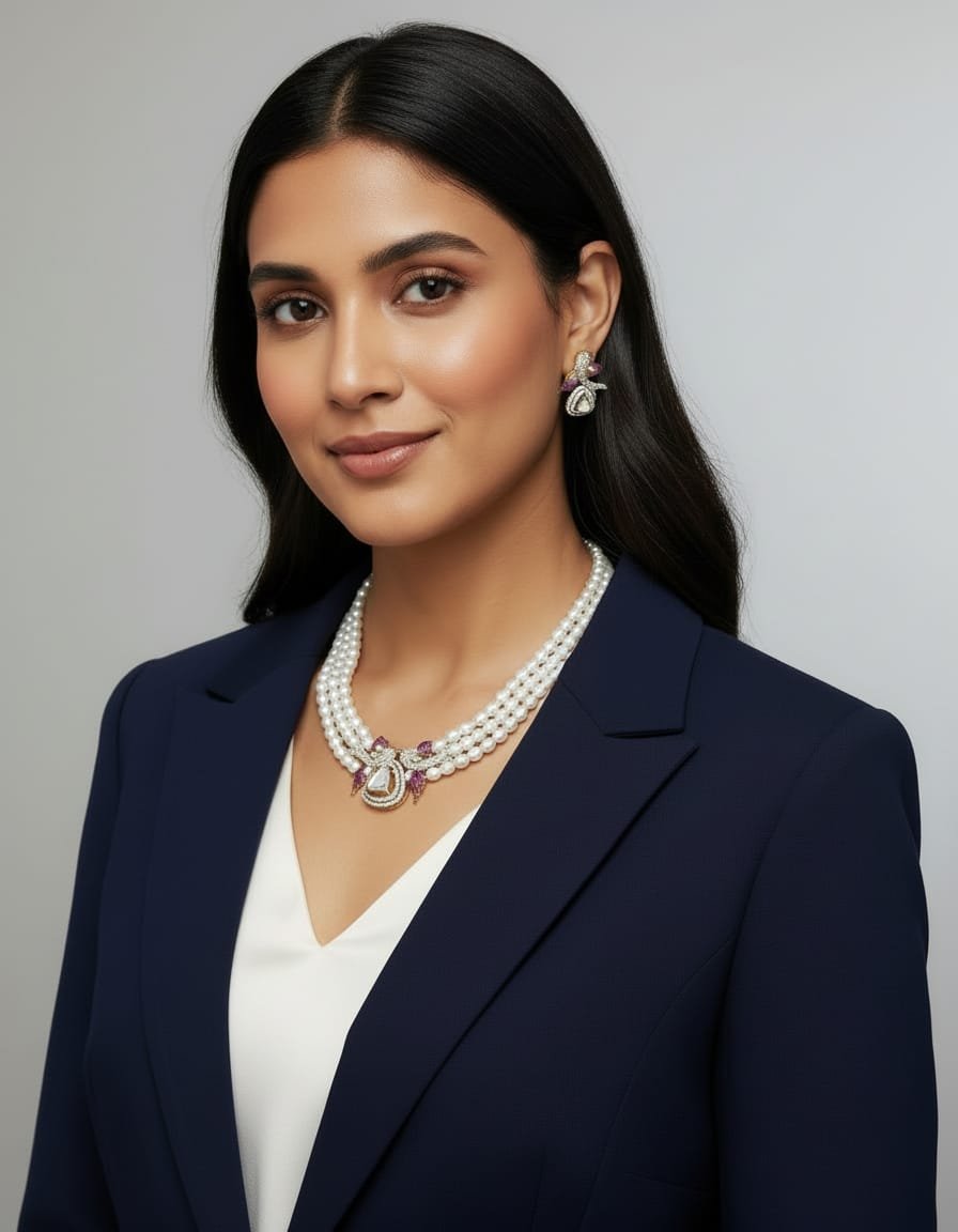 Image Of K - Multi-strand Pearl Necklace with Ruby Diamond Pendant Set