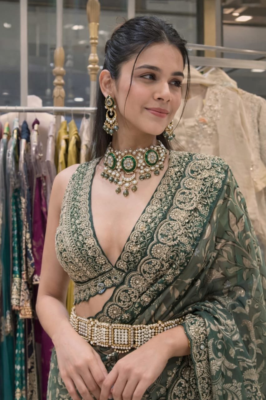 Image Of K - Green Meenakari Kundan Bridal Jewelry Set