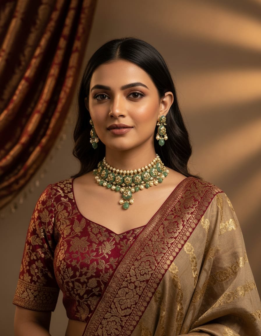 Image Of J - Green Meenakari Kundan Pearl Choker Necklace Set