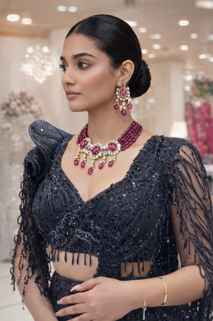 Image Of J - Kundan Polki Ruby Beaded Choker Necklace Set