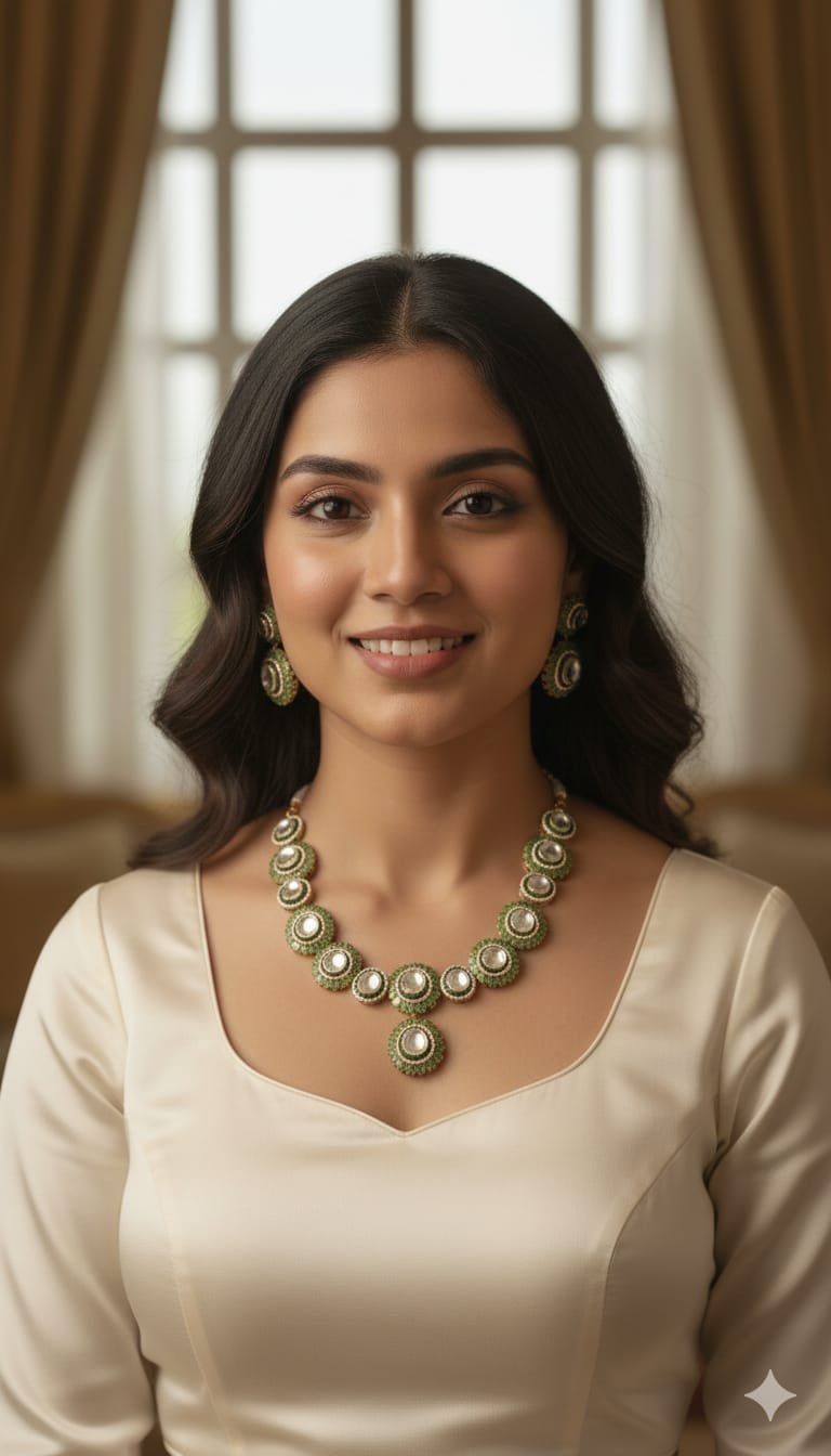 Image Of K - Emerald Green Kundan Polki Graduated Necklace Set