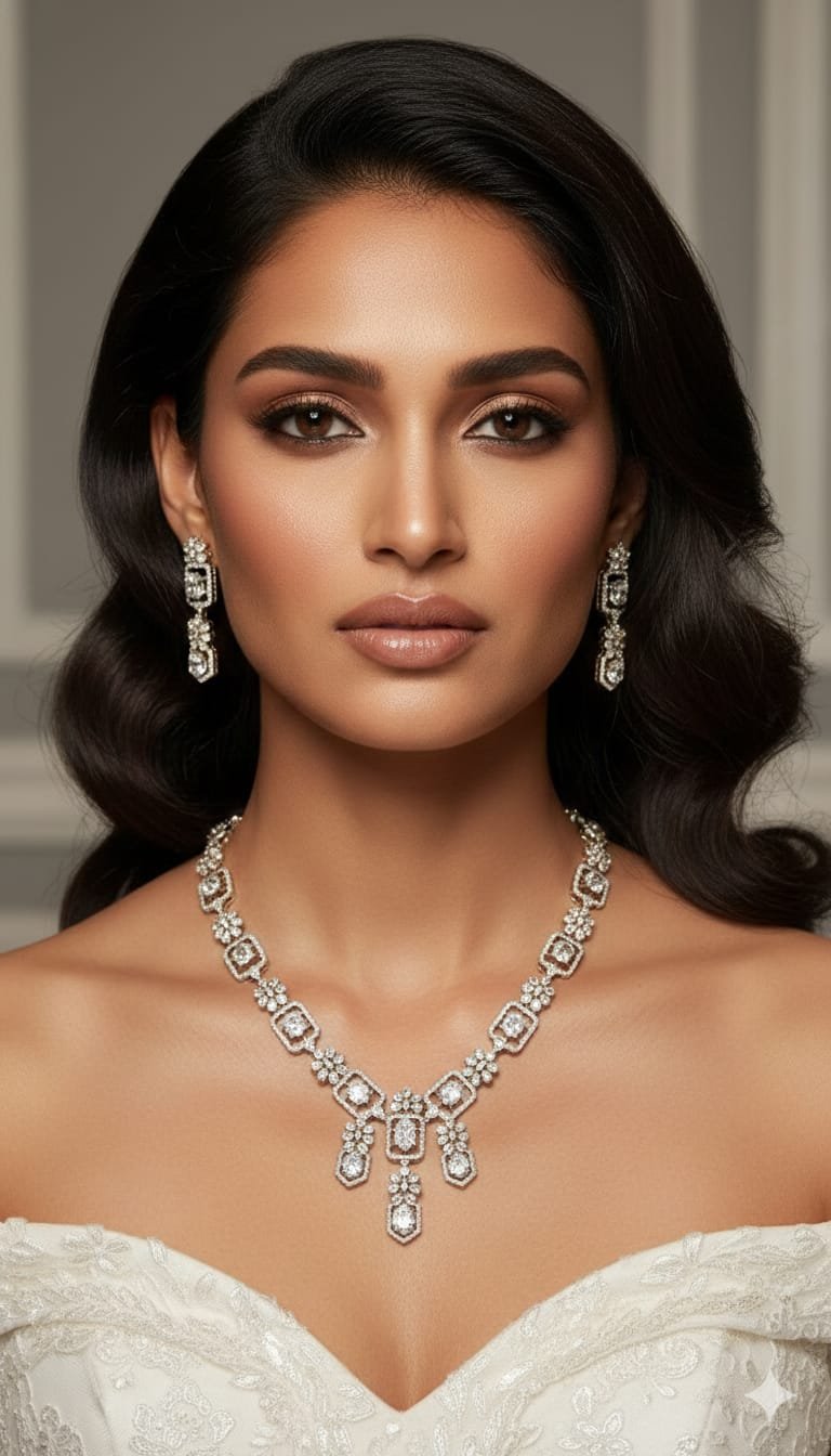 Image Of K - Diamond Graduated Floral Necklace Earring Set Bridal