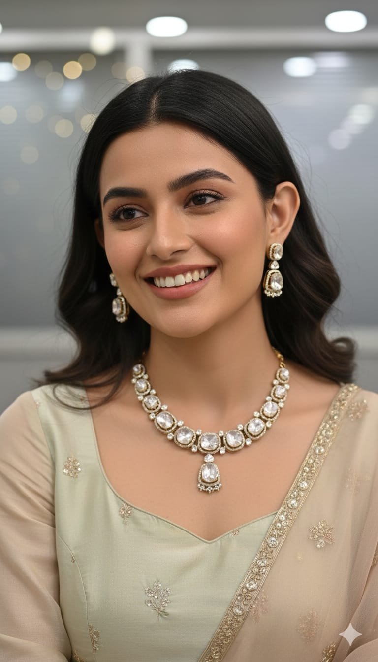 Image Of K - Uncut Polki Diamond Graduated Choker Necklace Set