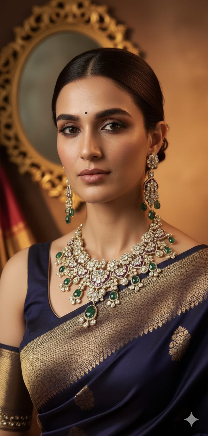 Image Of Ruby Emerald Statement Floral Diamond Polki Kundan Necklace Set