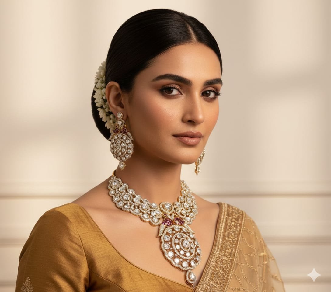 Image Of K - Heavy Diamond Polki Bridal Necklace Set