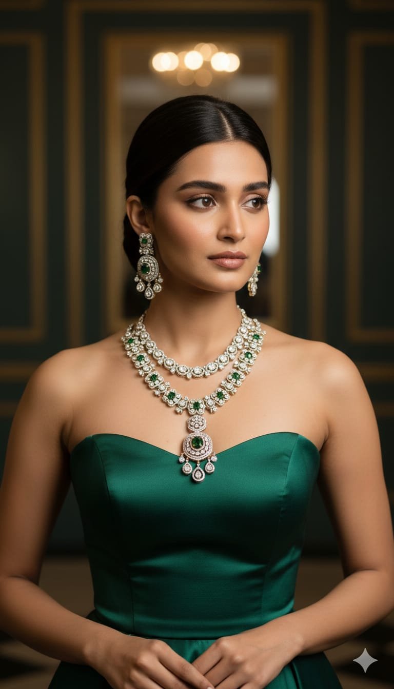 Image Of K - Double Layer Diamond Emerald Necklace Set