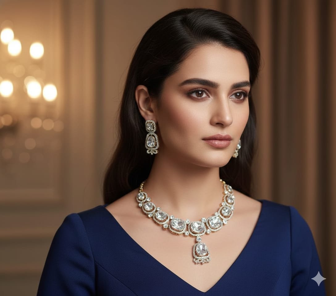 Image Of K - Polki Diamond Graduated Necklace Set