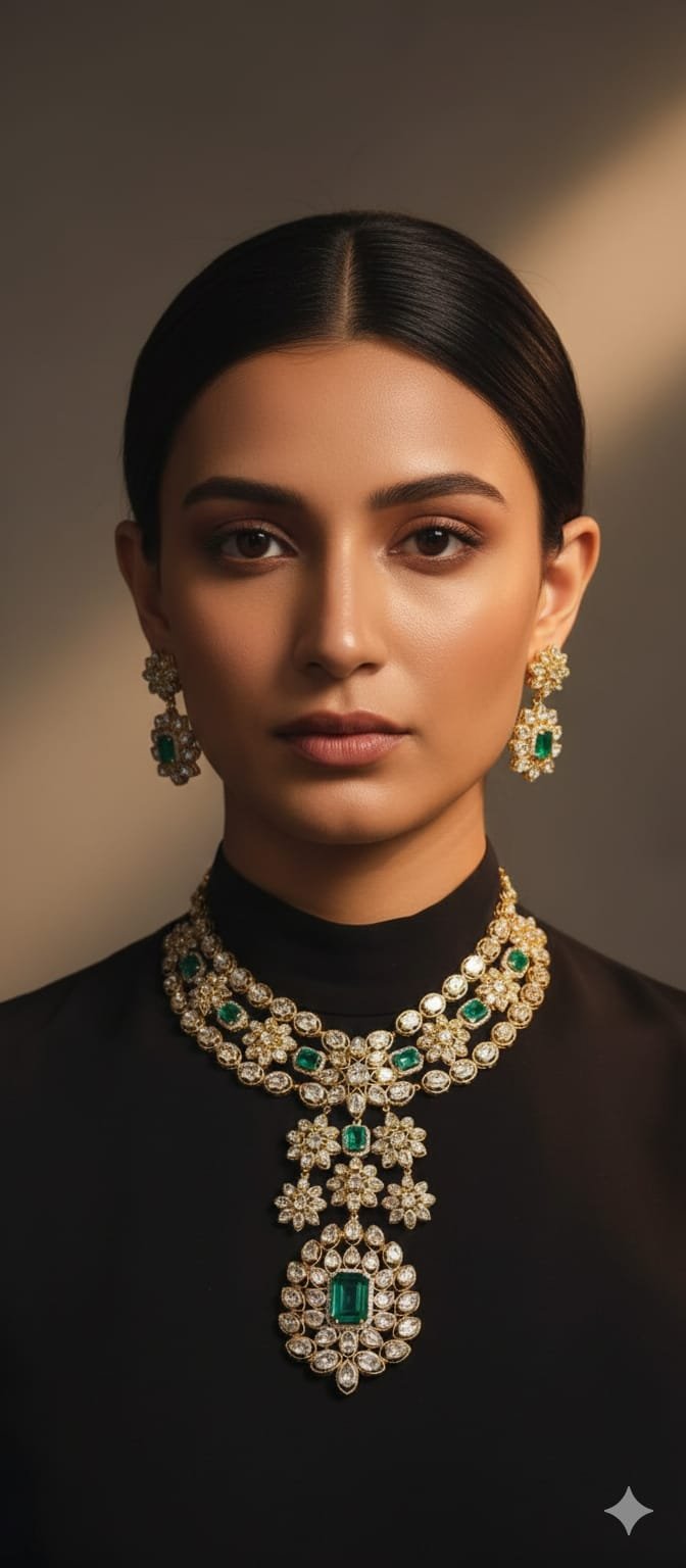 Image Of K - Polki Emerald Cascading Necklace 