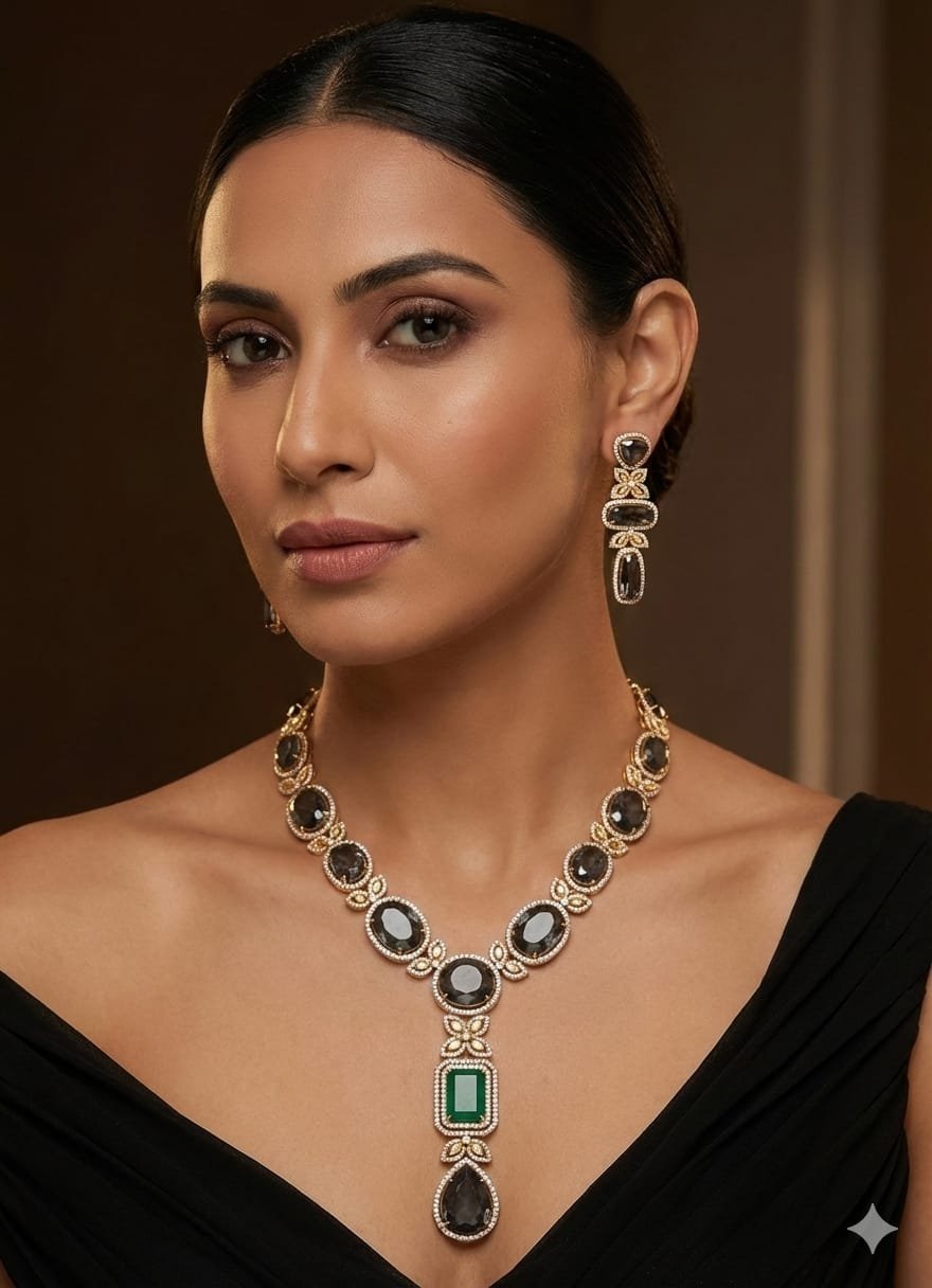Image Of k - Smoky quartz emerald diamond gold jewellery set