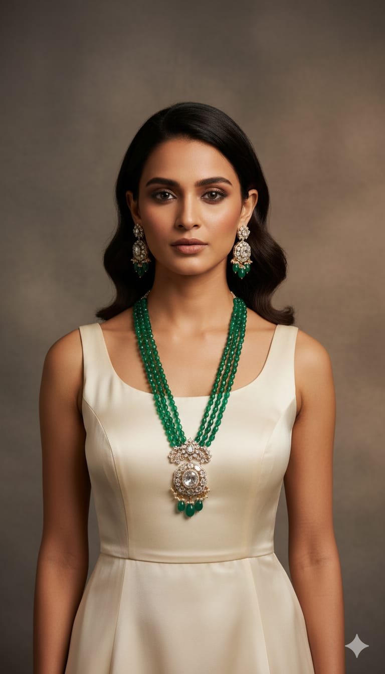 Image Of k - Emerald bead Rani Haar polki kundan jewellery set