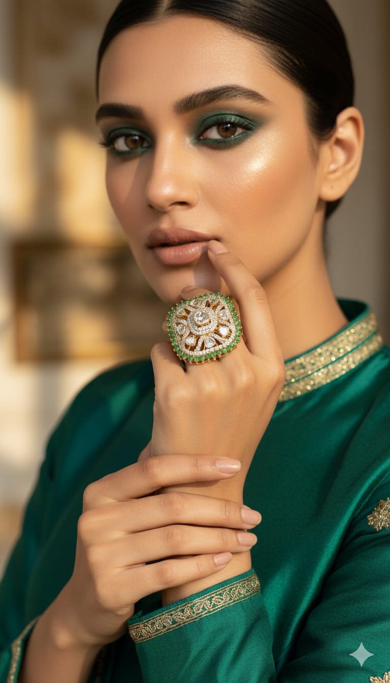 Image Of k - Emerald diamond polki cushion cocktail statement ring gold