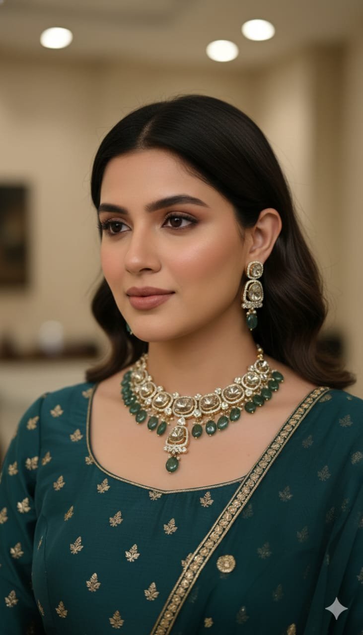 Image Of k - Kundan polki emerald choker necklace set