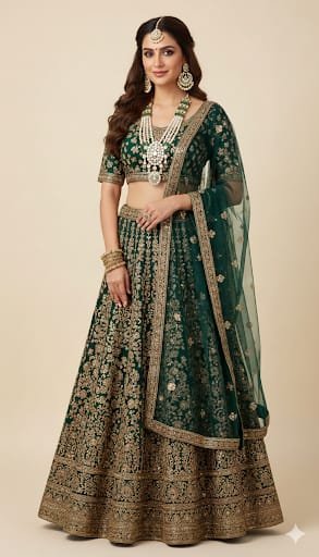 Image Of k - Pearl kundan bridal jewellery set green lehenga