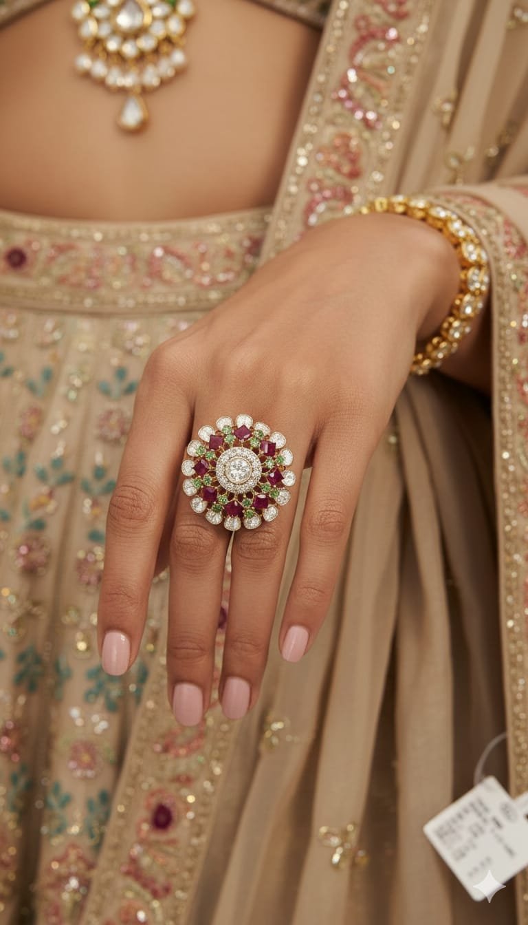 Image Of k - Diamond ruby emerald floral mandala cocktail ring