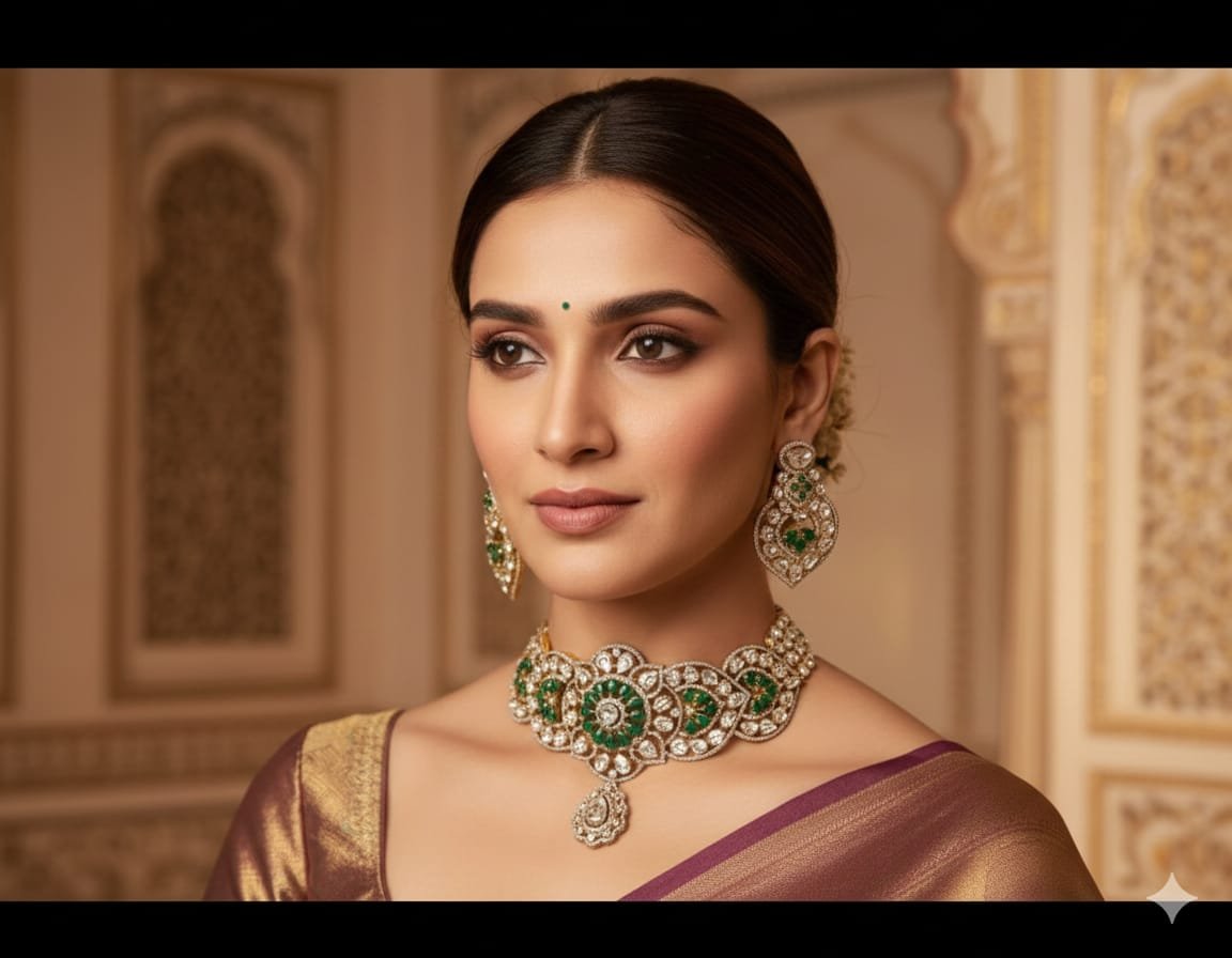 Image Of k - Diamond polki emerald floral choker bridal jewellery set